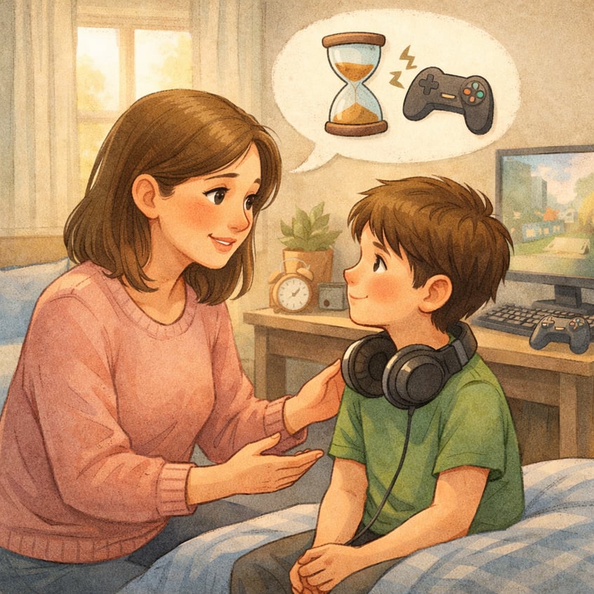 Parent guiding a child with autism during tablet use to encourage structured screen time.