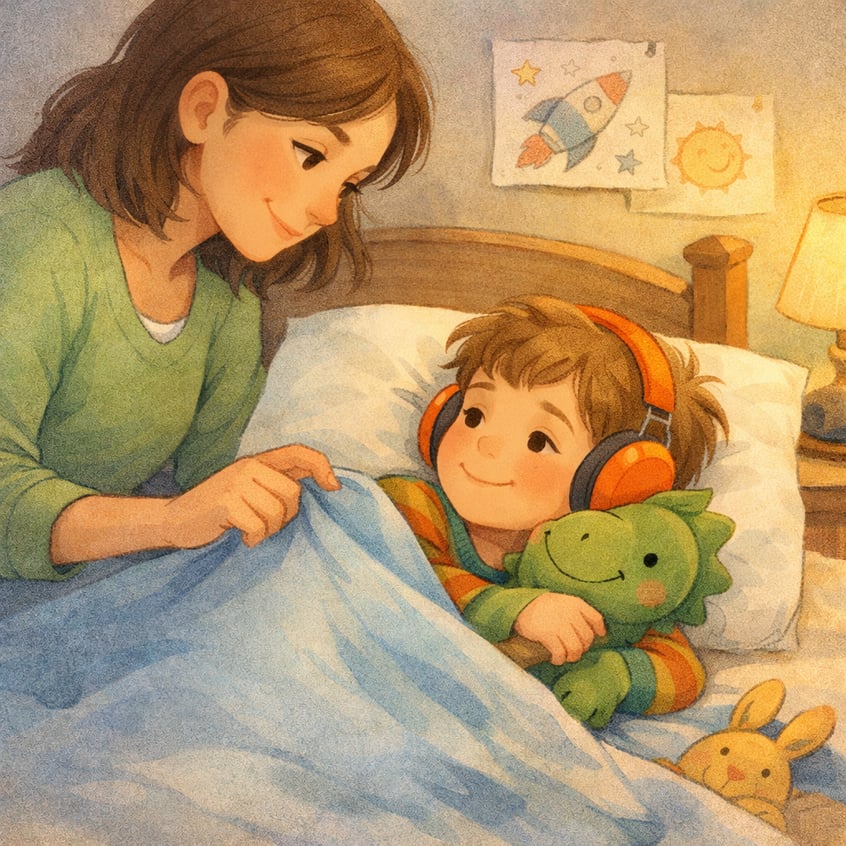 Parent gently tucking a neurodiverse child into bed at bedtime.