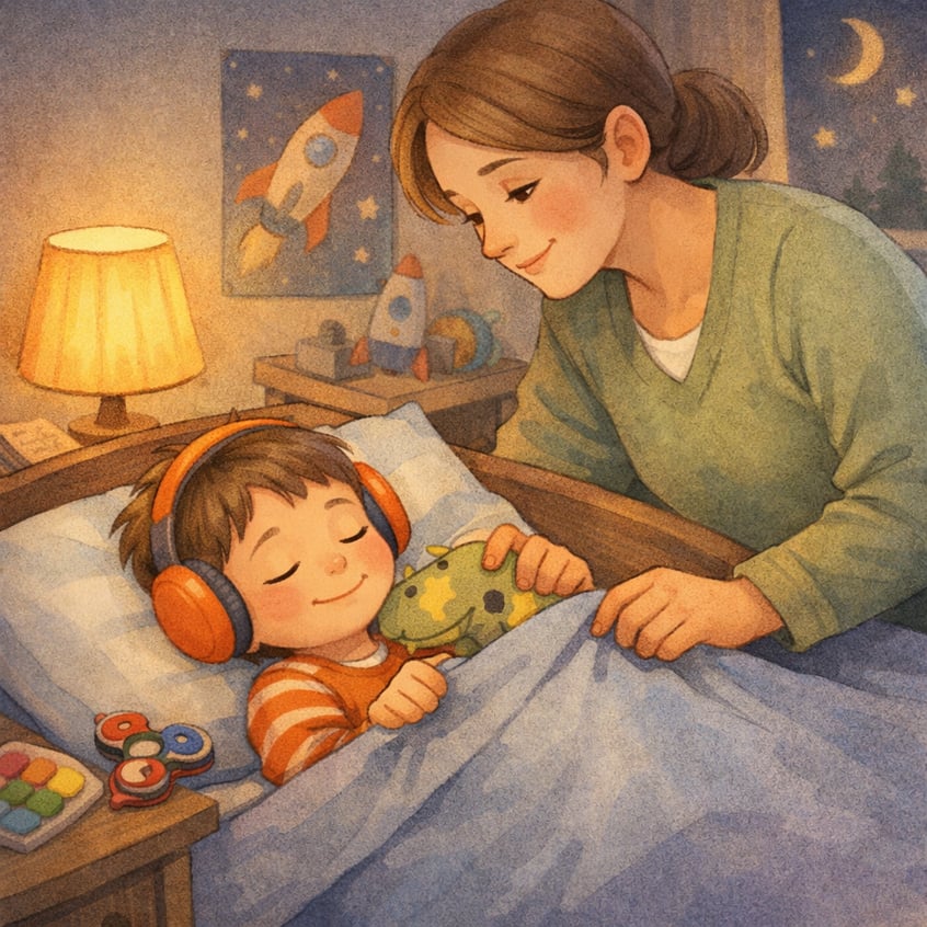 Parent gently tucking a child into bed at night.