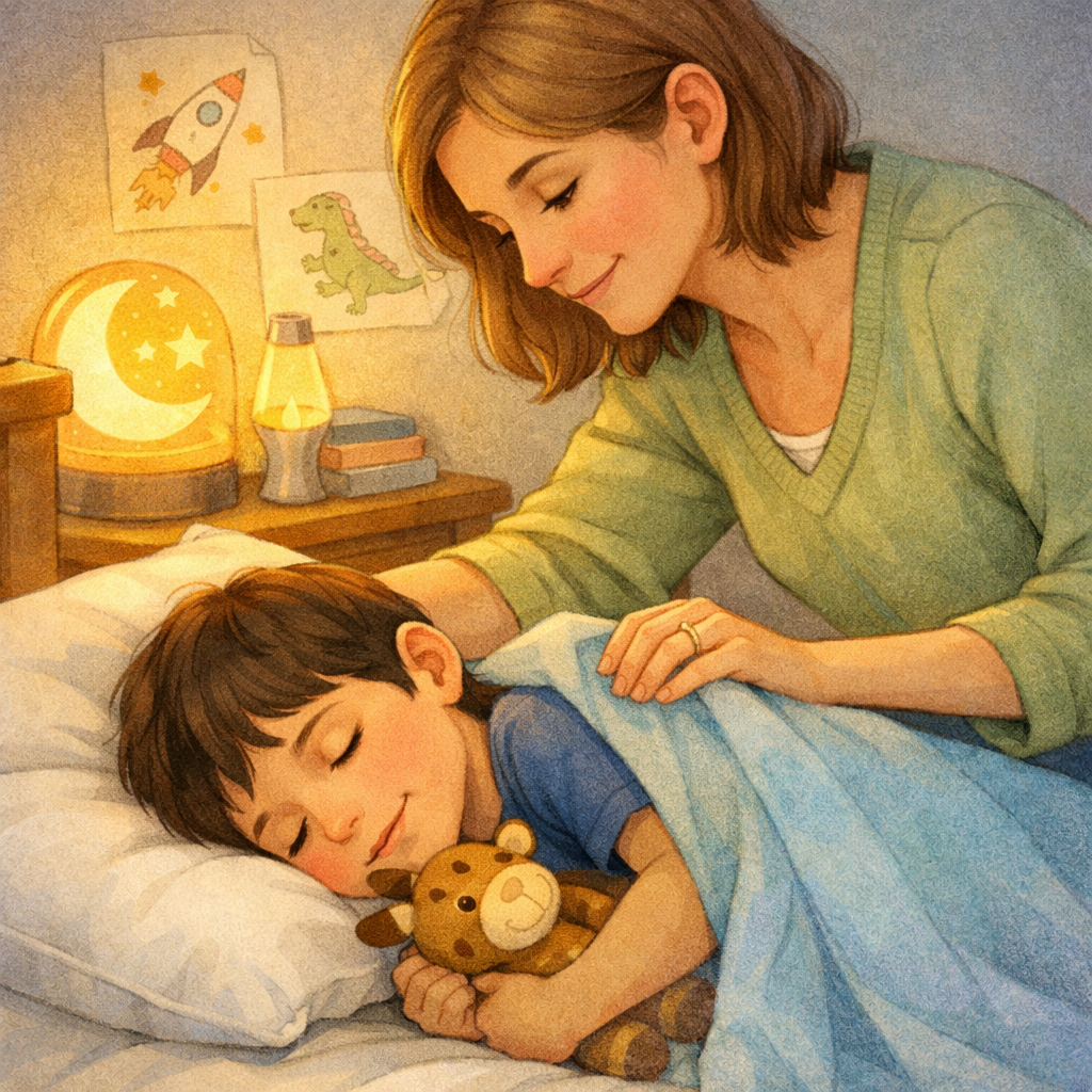 Child with autism relaxing in a sensory-friendly bedroom with soft lighting, weighted blanket, and minimal distractions.