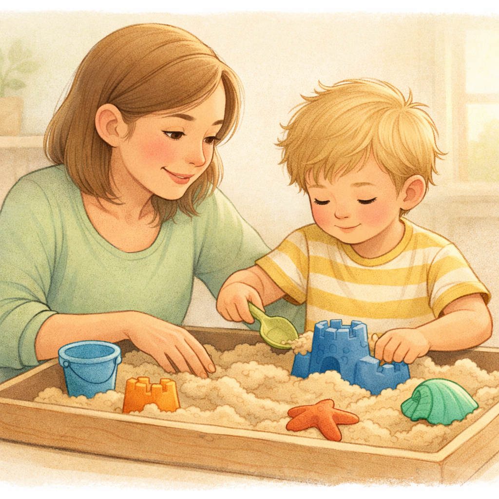 Parent guiding a child through a calming sensory play activity with kinetic sand.