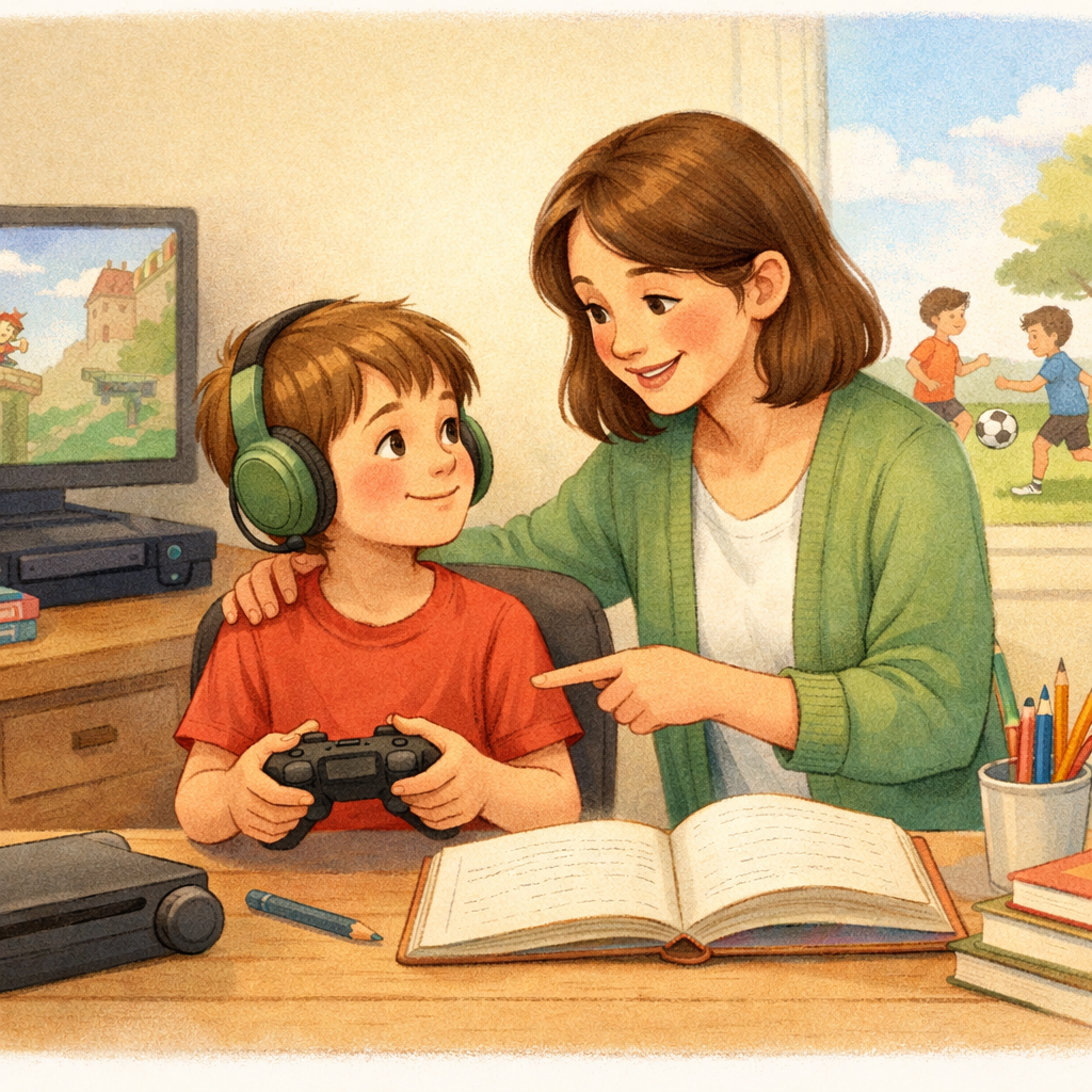 Parent guiding a child to balance gaming with homework and activities.