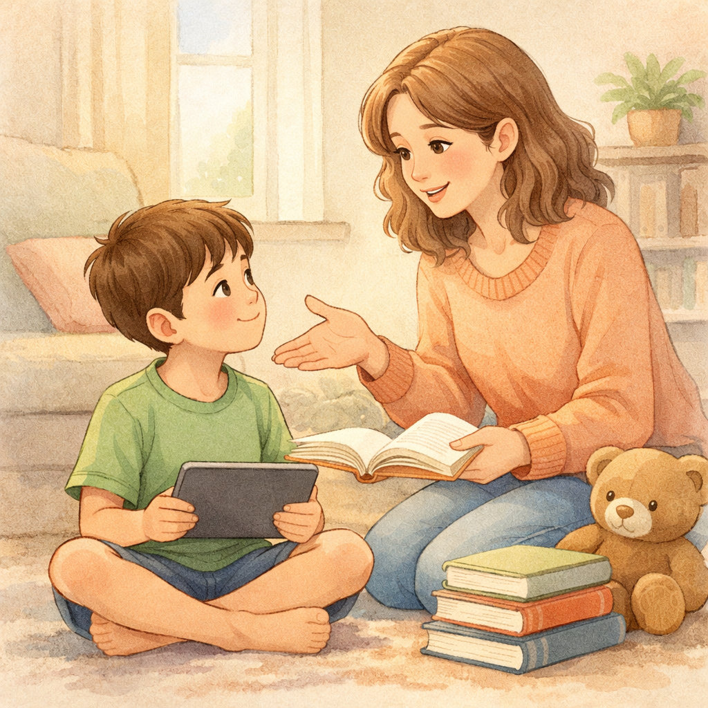 Parent guiding a child to balance screen time with reading and physical activities.