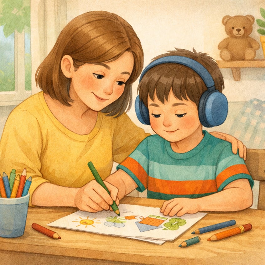 Kids drawing and coloring together at a table with crayons and sketchbooks.