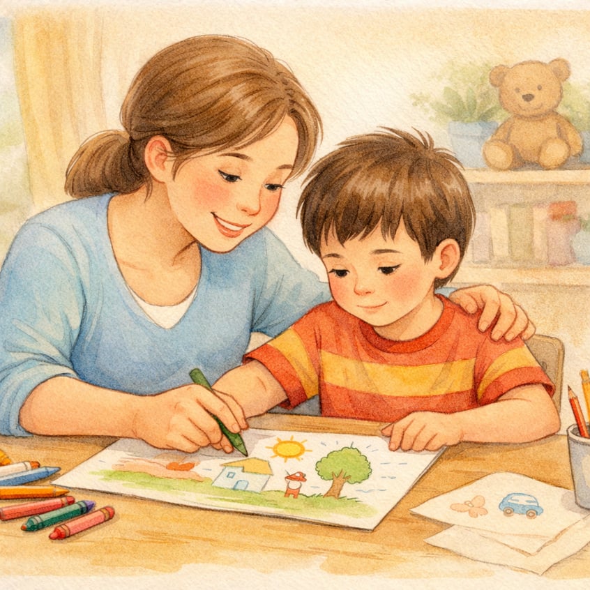 Parent guiding a child with autism through a screen-free activity like drawing or building blocks.