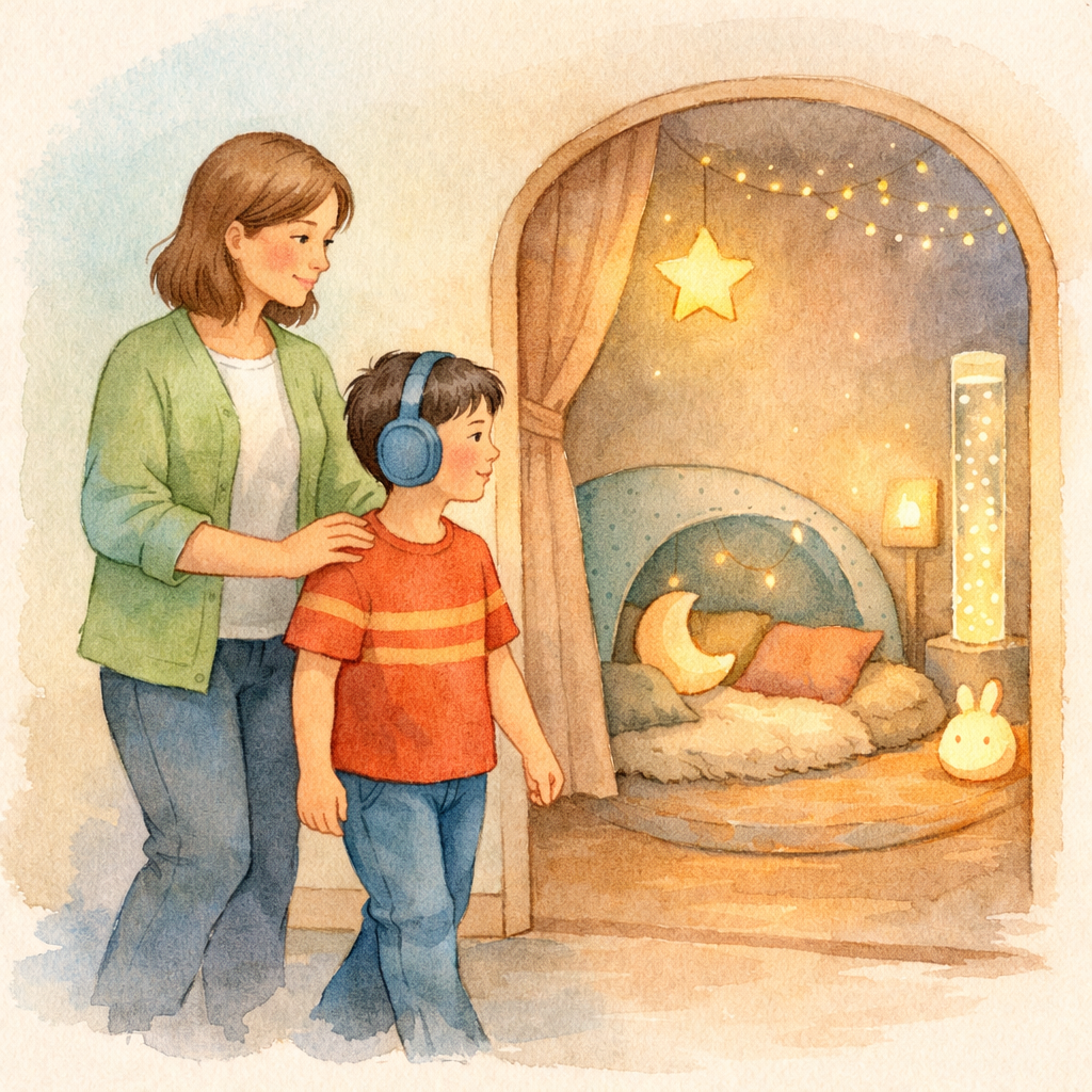 Parent guiding a child with autism to a quiet sensory-friendly space to relax.