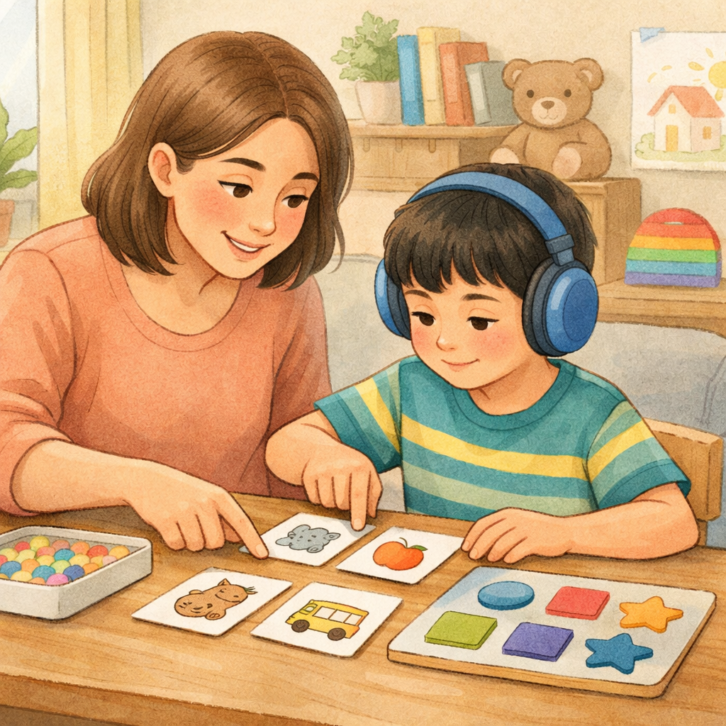 Parent guiding a fun learning activity for an autistic child at home.