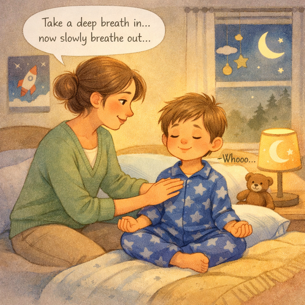 Parent helping a child practice relaxation techniques before bedtime.