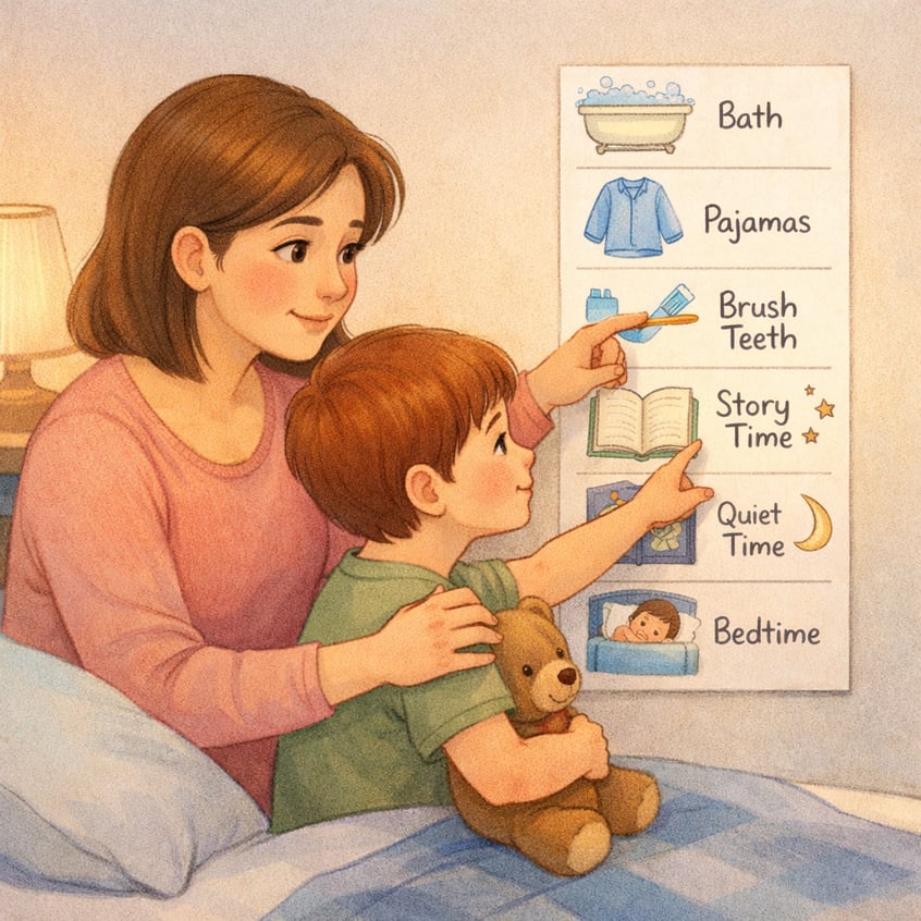 Visual bedtime routine chart helping a child with autism follow a consistent sleep schedule.