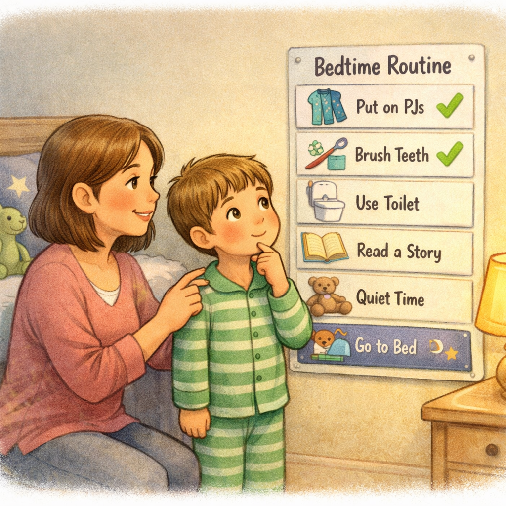 Parent helping a neurodivergent child follow a bedtime routine with a visual schedule.