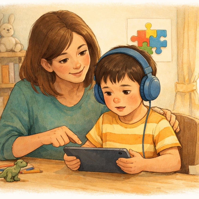 Parent monitoring screen time – A parent watching and guiding a child with autism while they use a digital device.