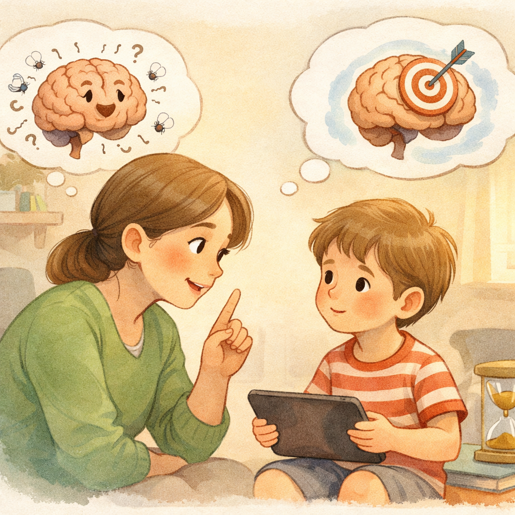 Parent explaining how too much screen time can affect behavior and learning.