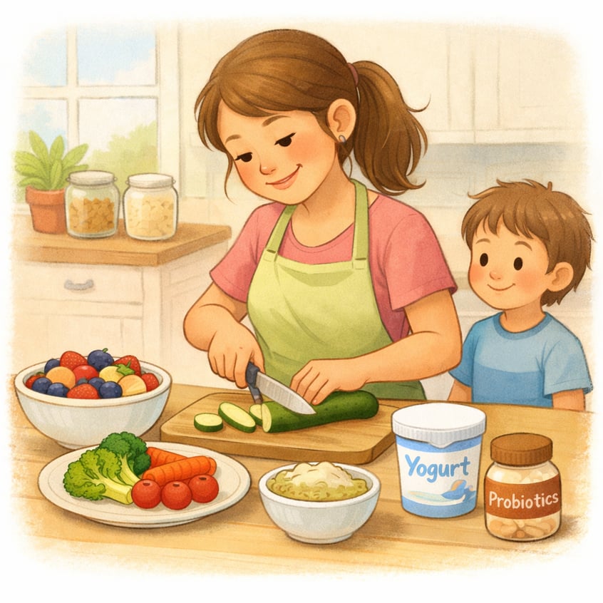 Child with autism eating yogurt and other probiotic-rich foods that support gut health.