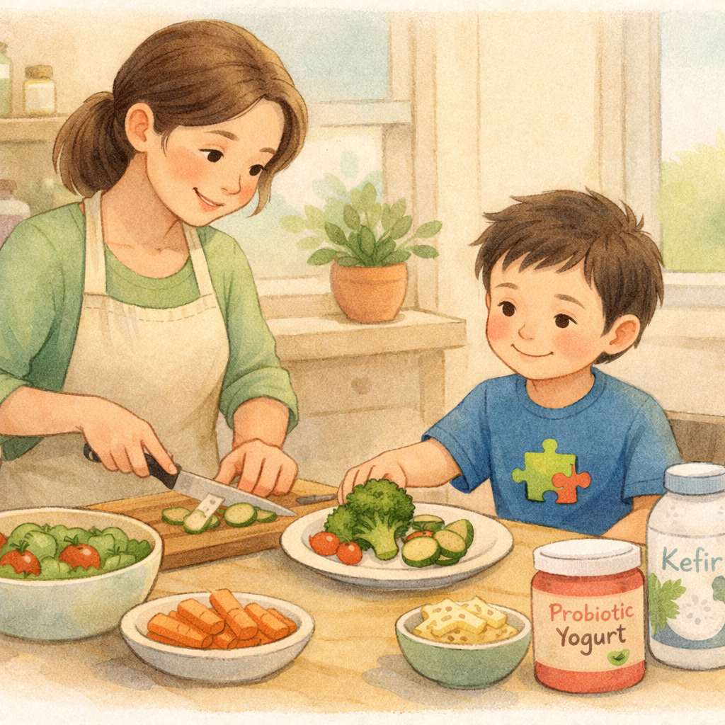 Parent preparing a healthy meal with vegetables and probiotics for a child with autism.