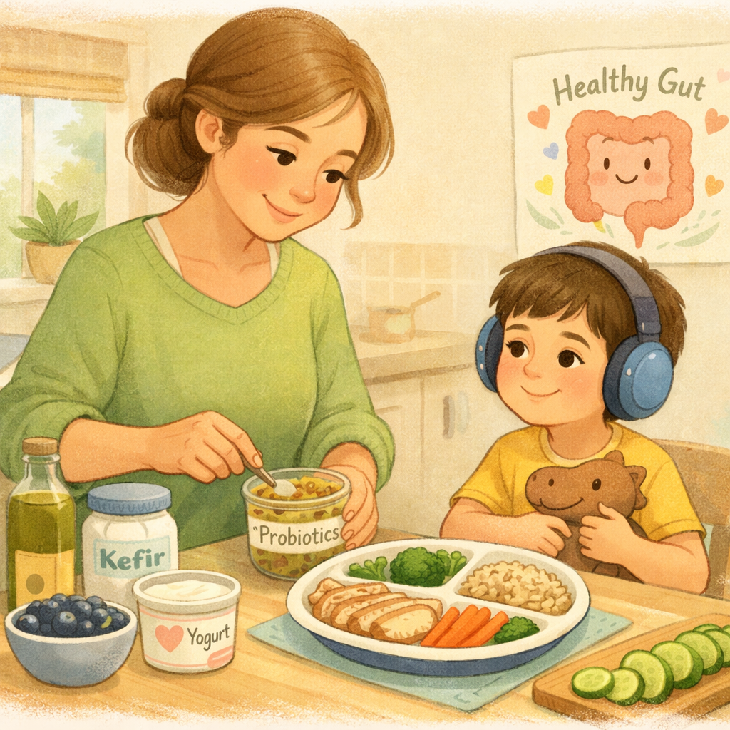 Family sharing a healthy meal together while encouraging positive eating habits for a child with autism.