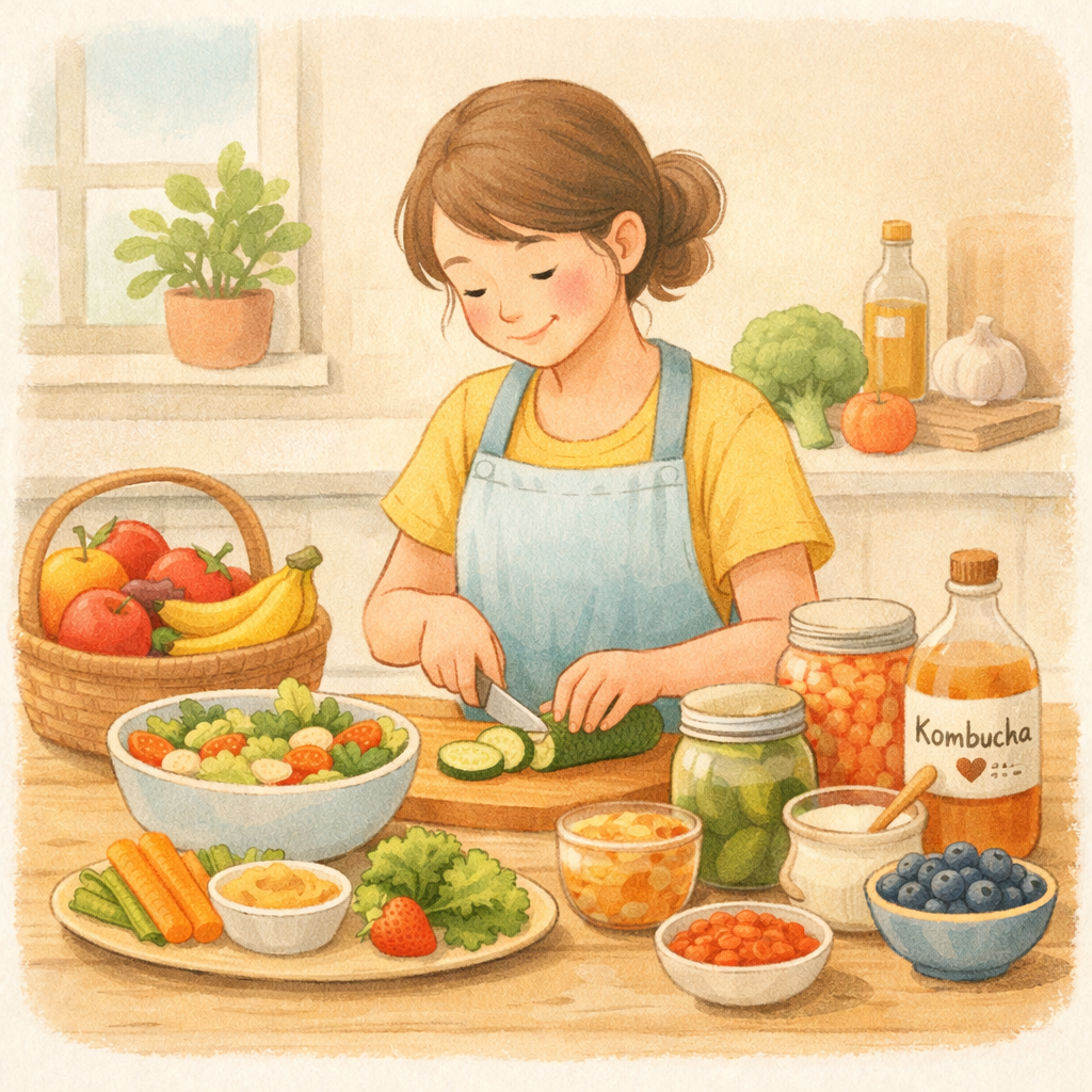 Nutrition planning for autism – A caregiver reviewing a weekly meal plan chart focused on healthy foods for children with autism spectrum disorder.