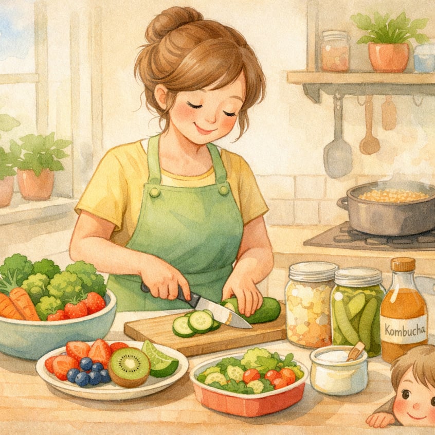 Parent preparing gut-friendly meal – A parent preparing a nutritious meal with fiber-rich vegetables and probiotic foods for a child with autism.