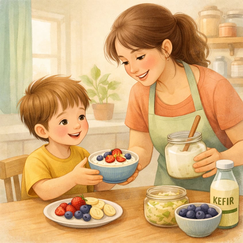 Child happily eating a balanced meal with vegetables, fruits, and fermented foods for gut support.