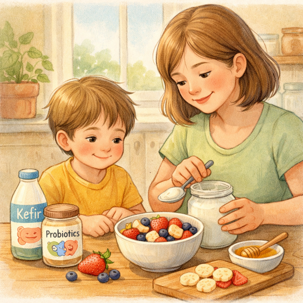 Child eating healthy snack – A child with autism eating apple slices and yogurt as a nutritious snack.