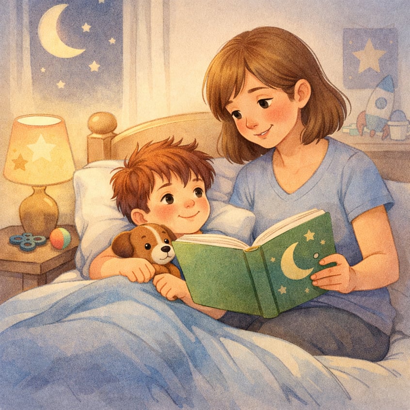 Parent reading a bedtime story to a child before sleep.