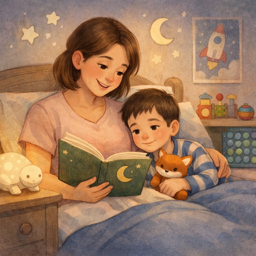 Parent reading a bedtime story to an autistic child to support a consistent sleep routine.