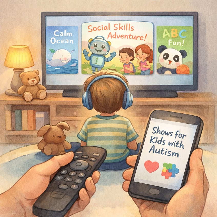 Parent selecting educational TV shows designed for children with autism.