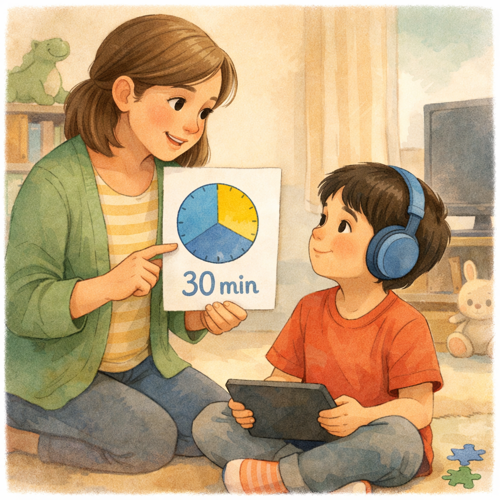 Child turning off a tablet after reaching the daily screen time limit.