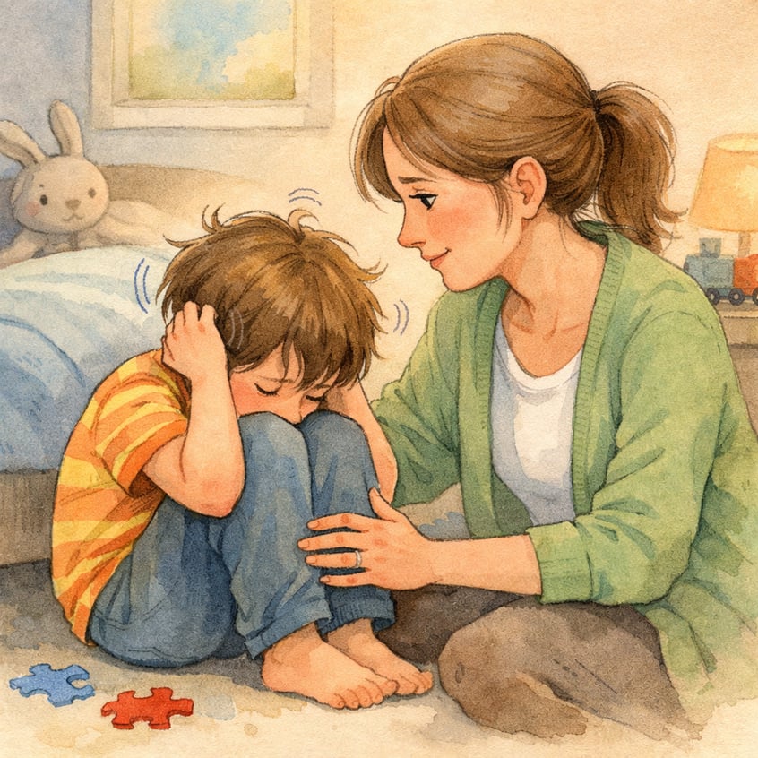 Mother helping upset toddler regulate emotions with deep breathing exercises in a living room.