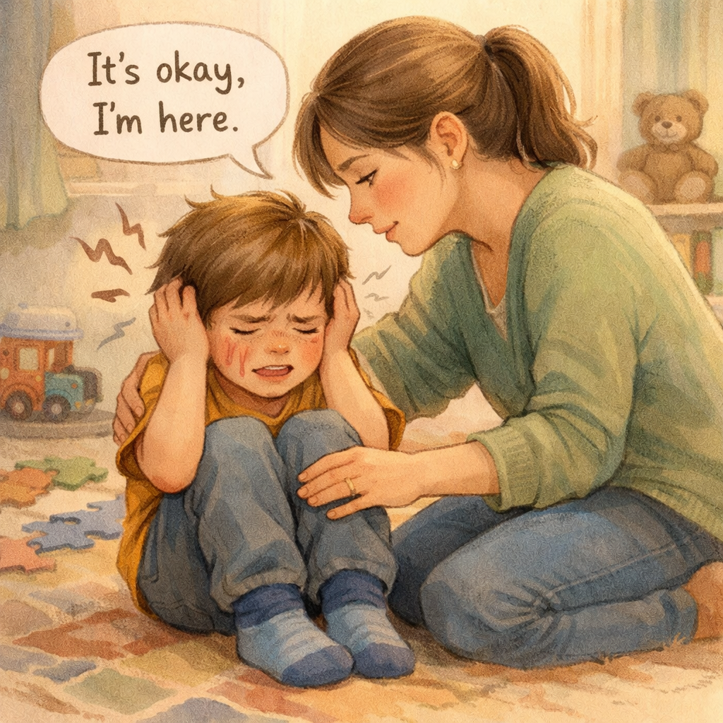 Parent supporting a child with autism during a stressful moment.