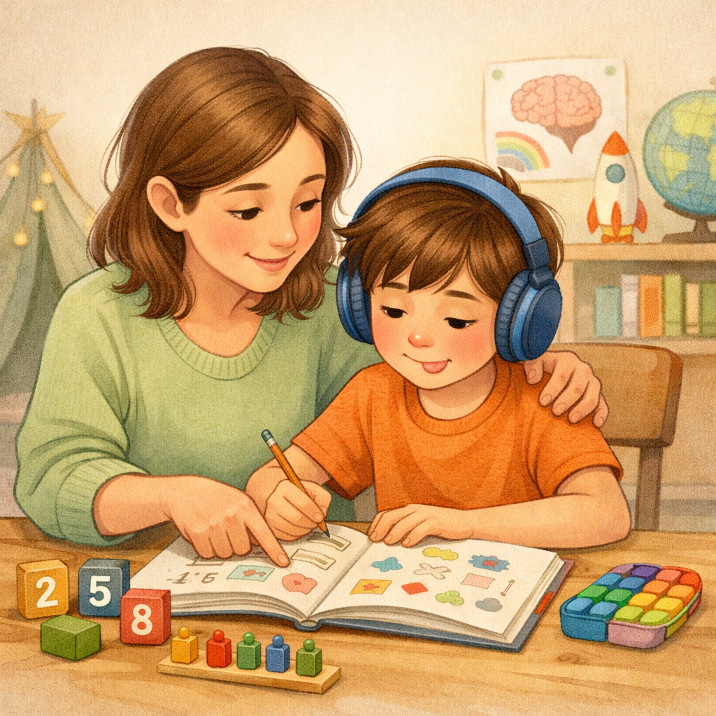 Parent helping a neurodiverse child with homework in a calm environment.