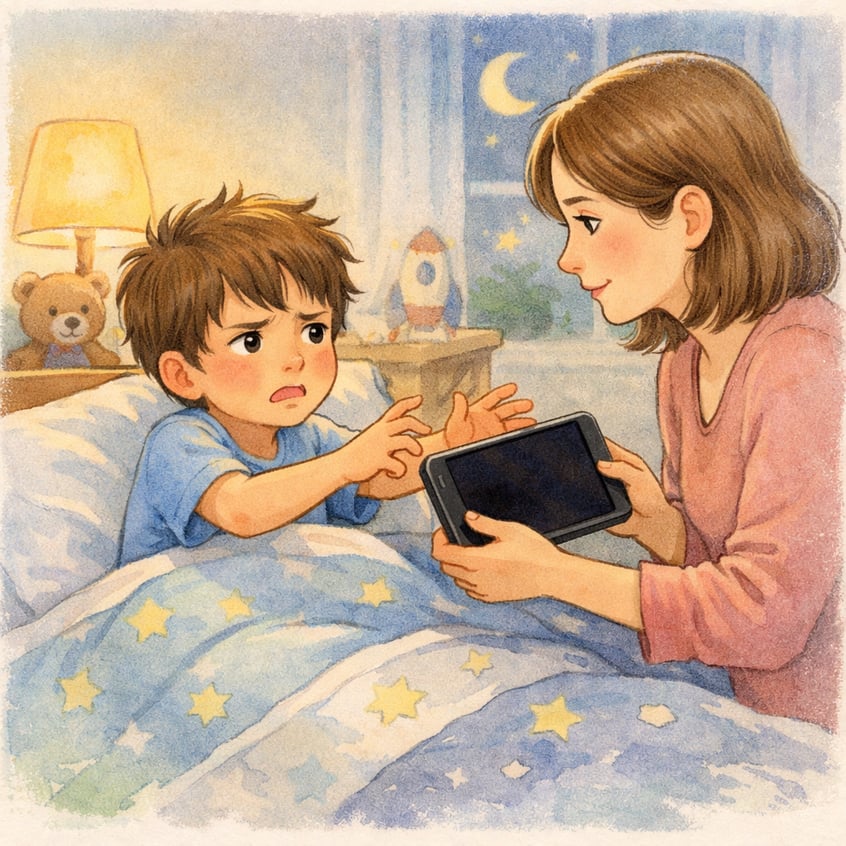 Child handing over a tablet to a parent after reaching the daily screen time limit notification.