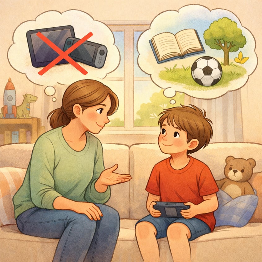 Parent talking to child about reducing screen time habits