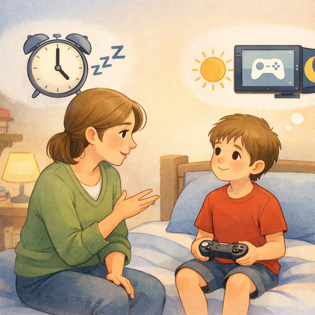 Parent talking with a child about balancing gaming time and sleep routines.