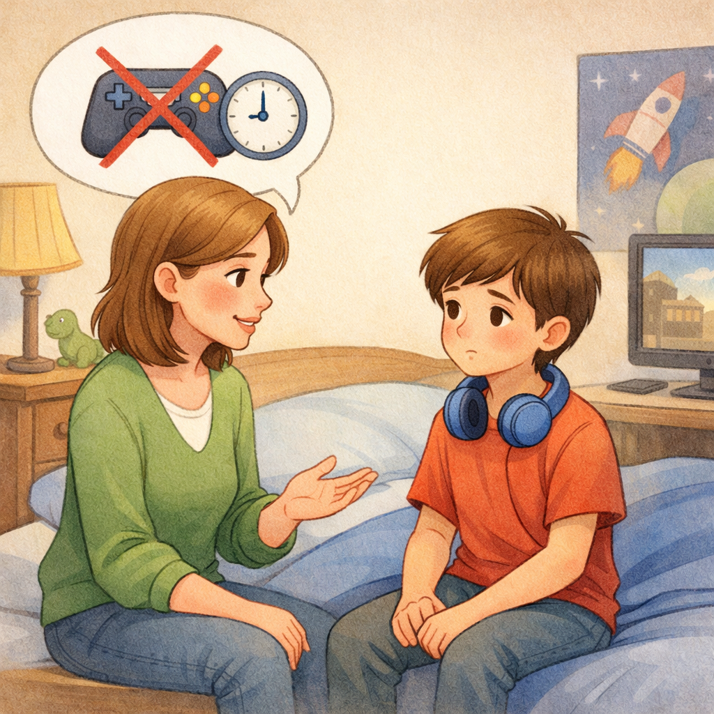 Parent talking with a child about reducing time spent on online video games.