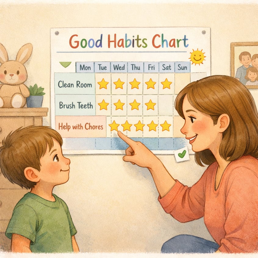 Parent using a behavior chart to encourage positive habits at home.