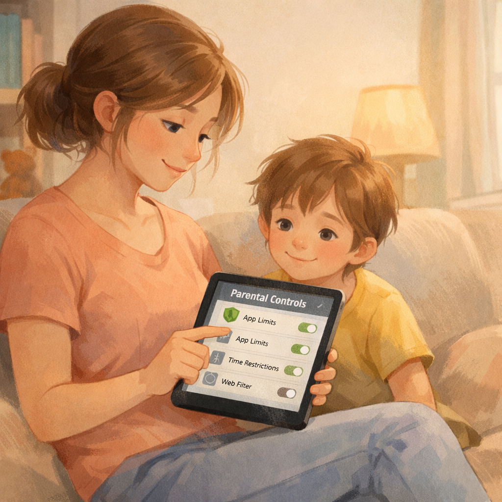 Mother guiding her child while enabling screen time controls on a device to ensure safe usage.