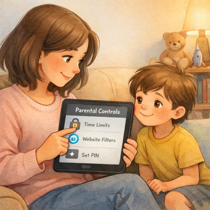 Parent setting up parental controls on a tablet while a child watches attentively.