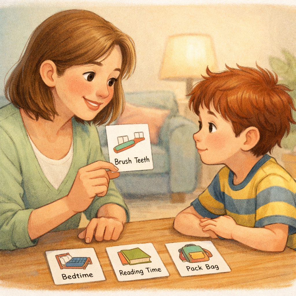 Parent using visual cue cards to communicate tasks with a child who has ADHD and autism.