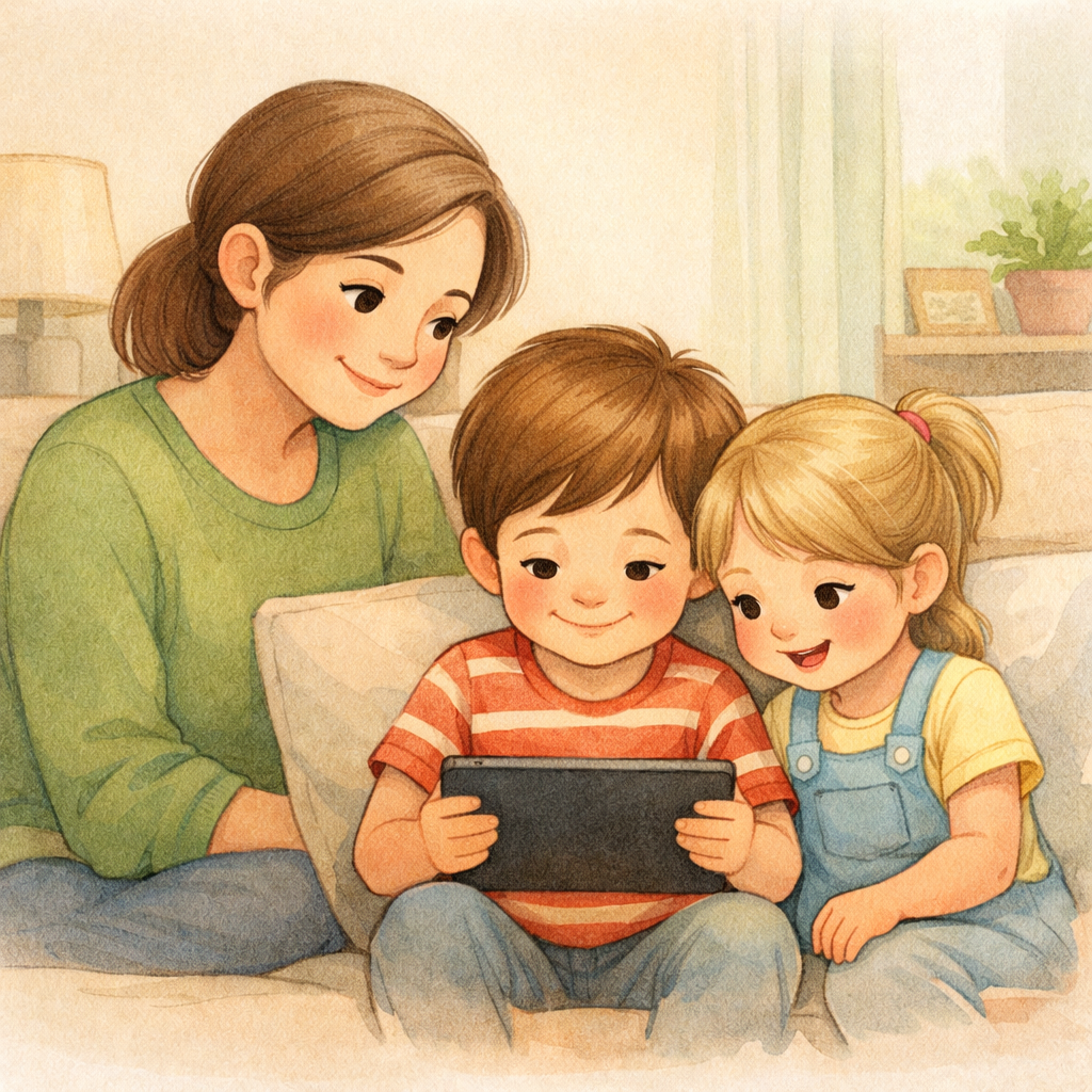 Parent guiding a child with autism during tablet learning time.