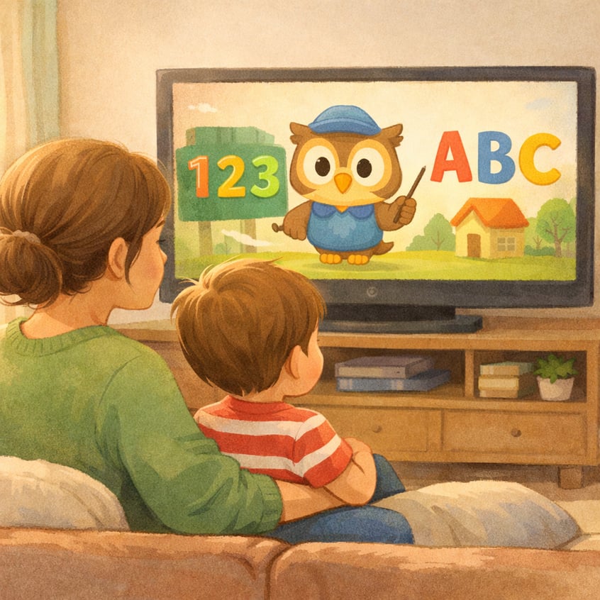 Parent watching learning show with child – A parent and child sitting together watching an educational program that teaches numbers and letters.