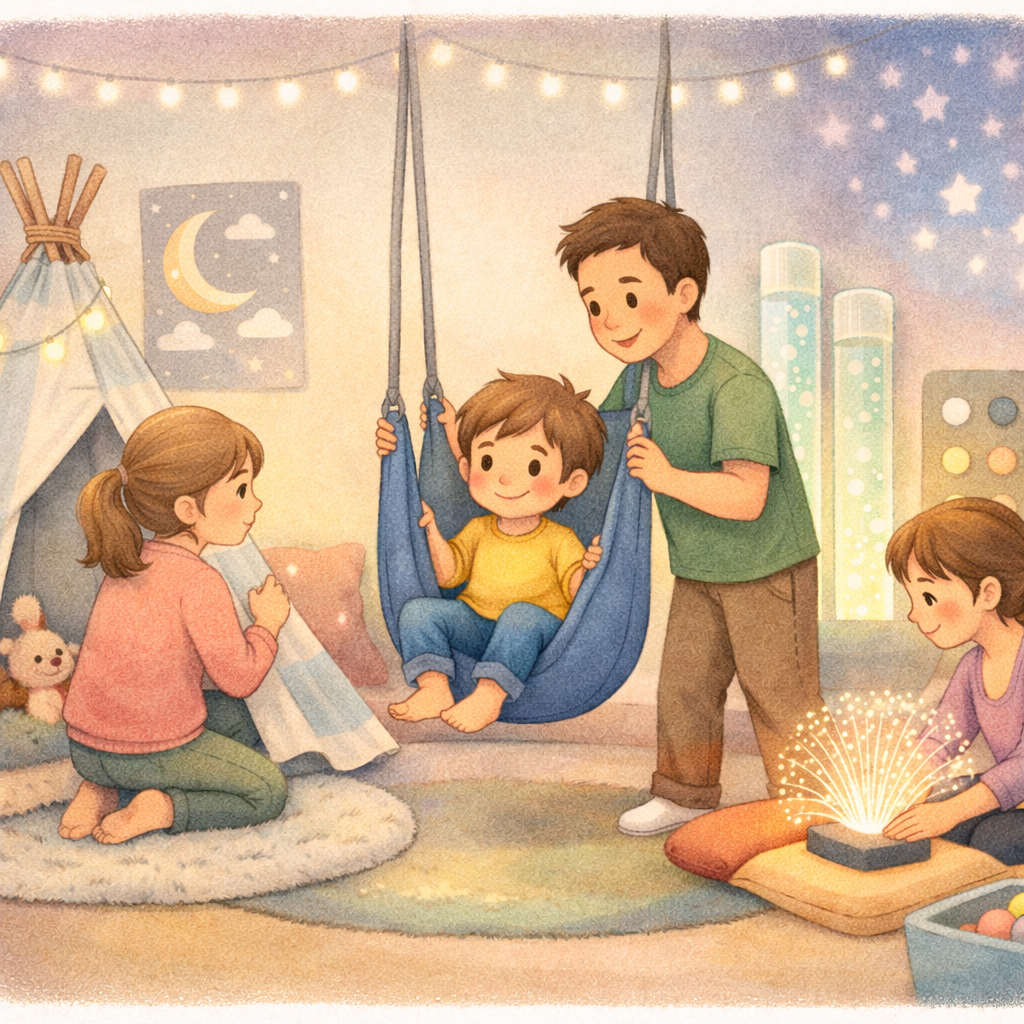 Parents creating a sensory-friendly space at home for their autistic child.