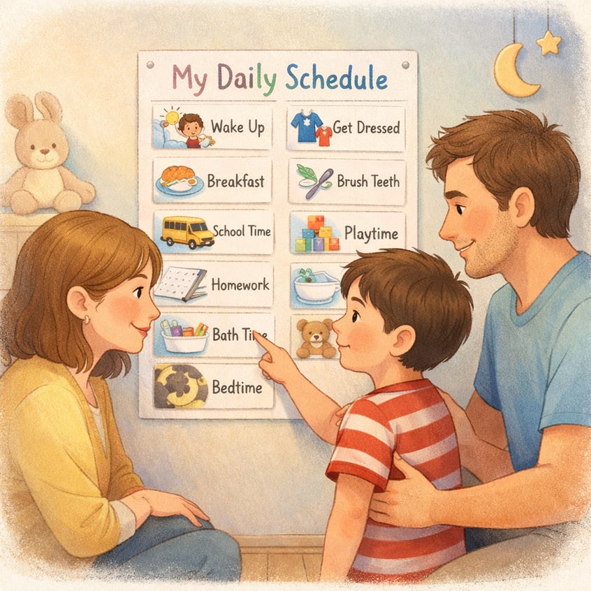 Parents helping their autistic child with a daily routine chart to build structure and comfort.