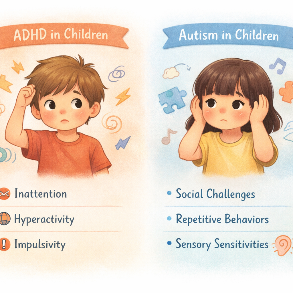 Pediatric guide graphic showing overlapping and distinct symptoms of ADHD and autism in children.