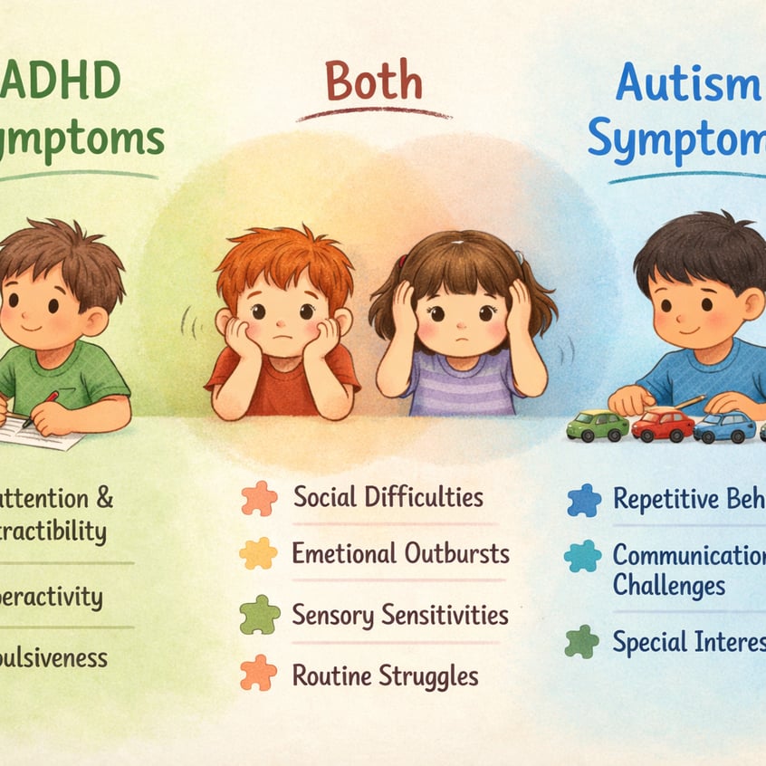 Educational infographic explaining shared characteristics between ADHD and autism.