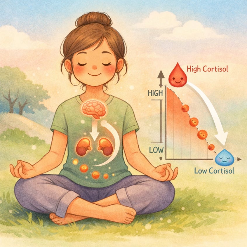 Person meditating while a graphic overlay shows cortisol decreasing in the body.