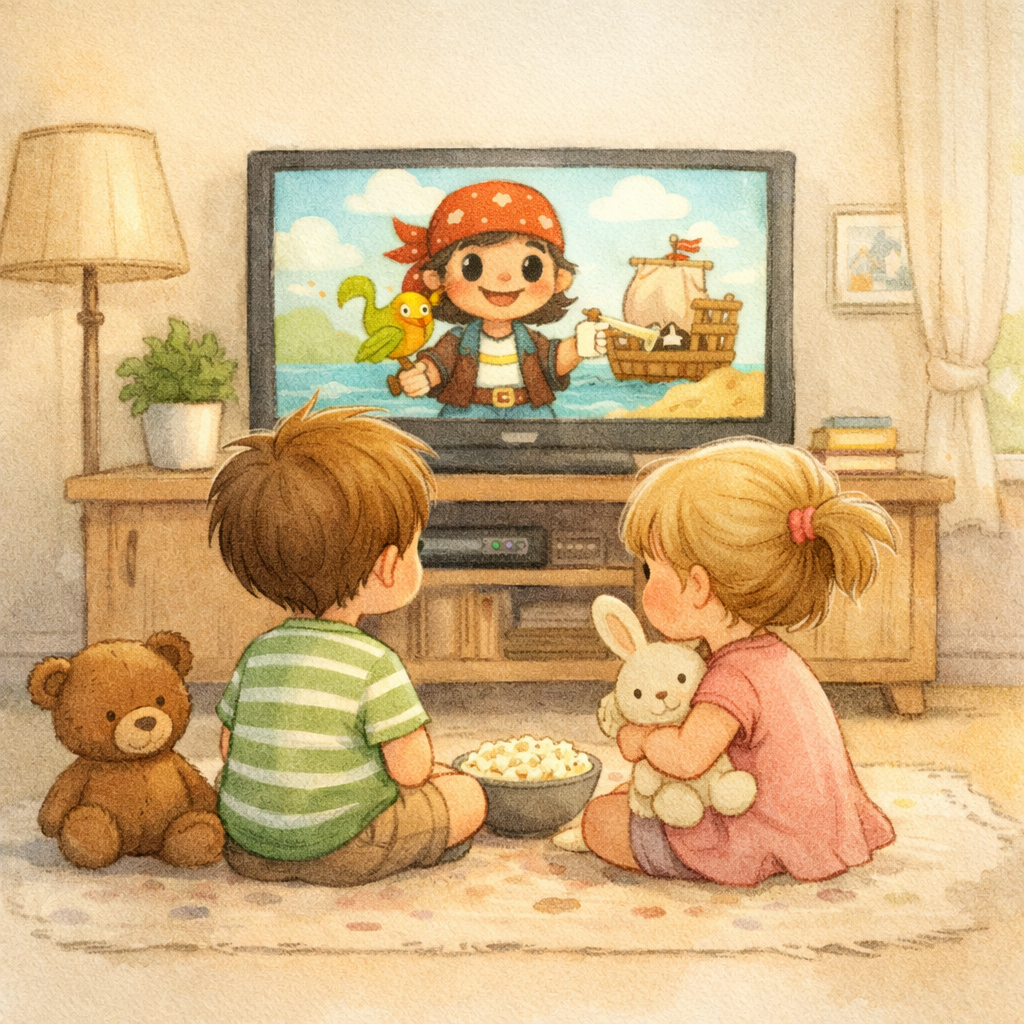 Child watching an educational program with a parent nearby.