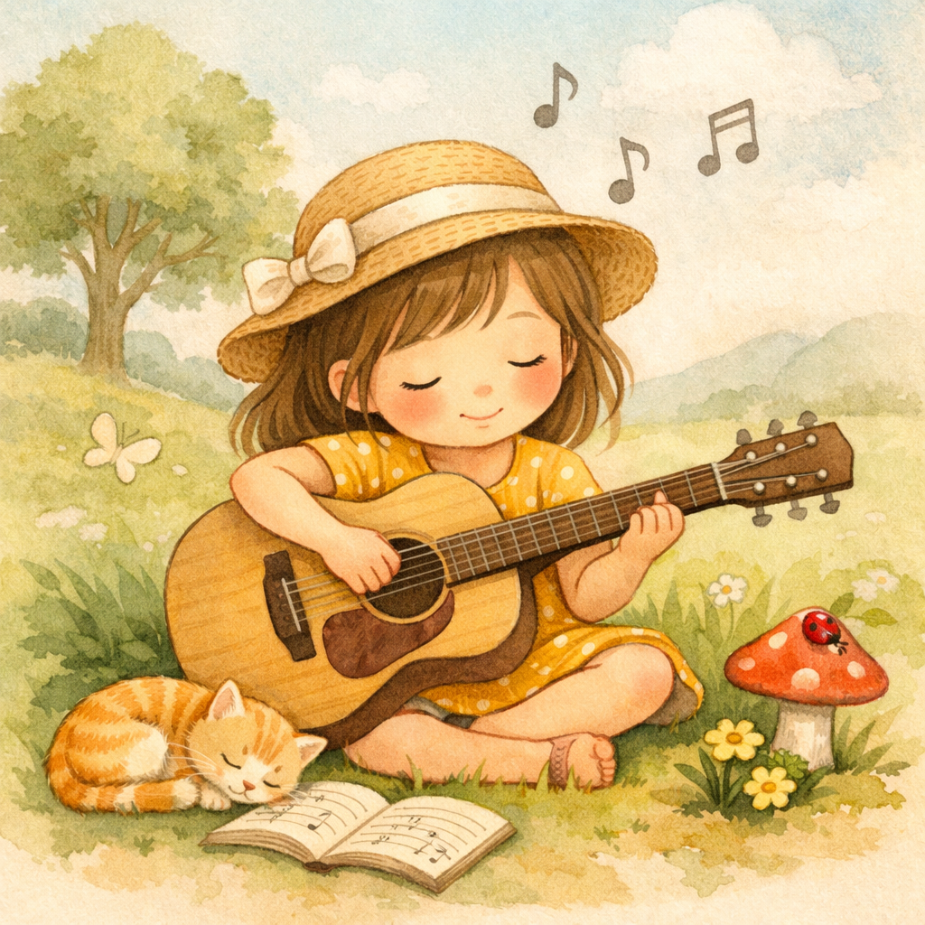 Child practicing music on a small guitar as a creative alternative activity.