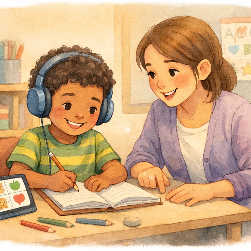 Teacher assisting a student at a desk during a classroom learning activity.