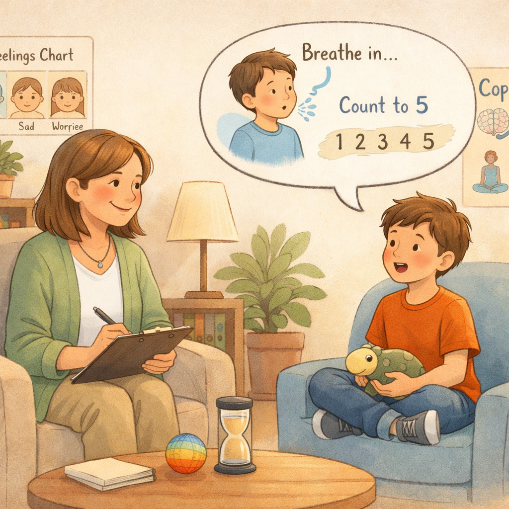 School psychologist observing a student while discussing coping strategies in a calm counseling room.