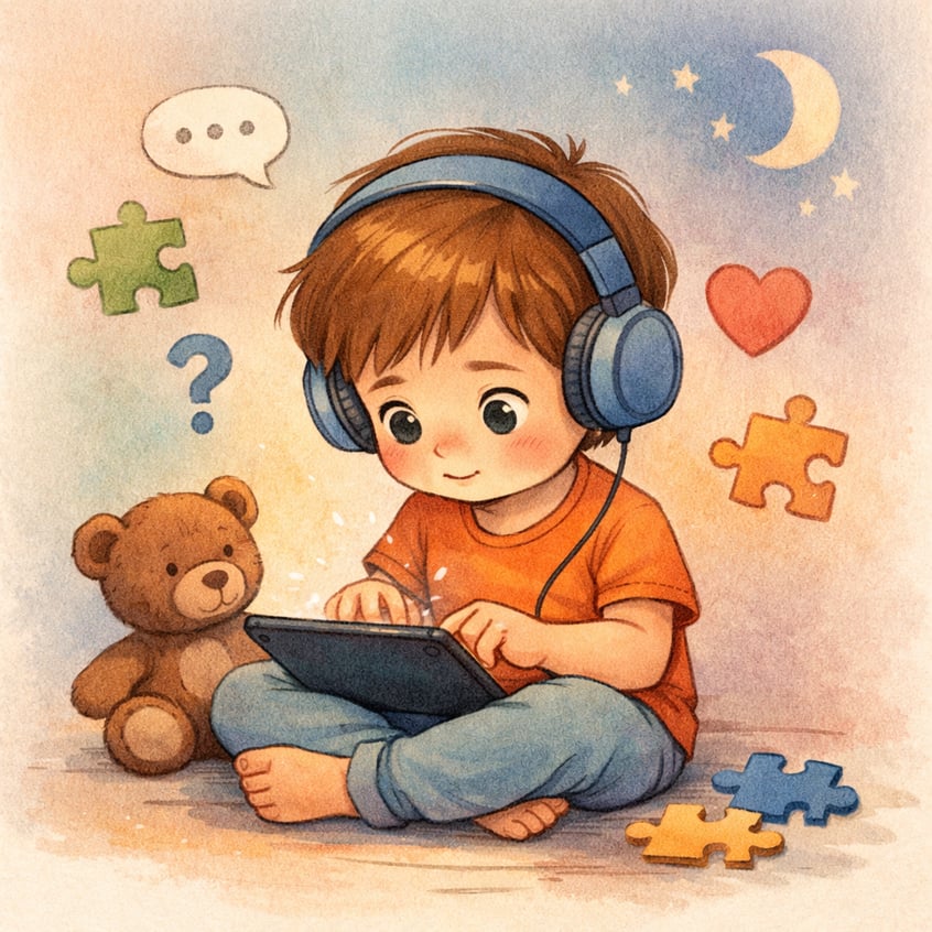 Child relaxing with a tablet while wearing headphones.